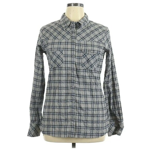 Patagonia Womans Sz 14 Gray & Blue Plaid Button Up Shirt - Picture 1 of 6